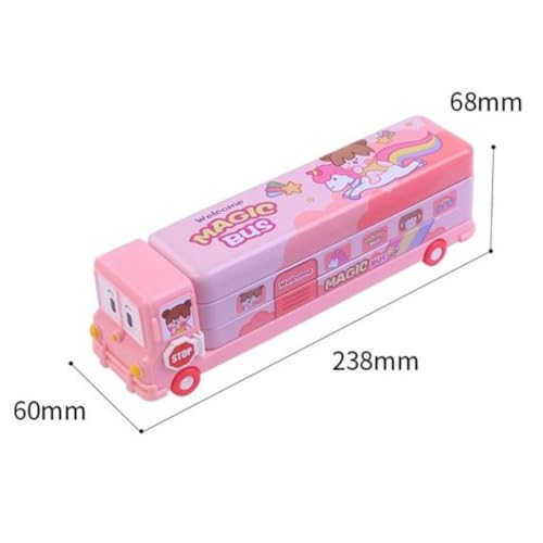 Storio Bus Shape Pencil Box School Bus Metal Geometry Box for Kids Magic Bus with Moving Tyres with 3 Compartments Moving Tyre's & Sharpener Geometry Case for Boys & Girls - Unicorn