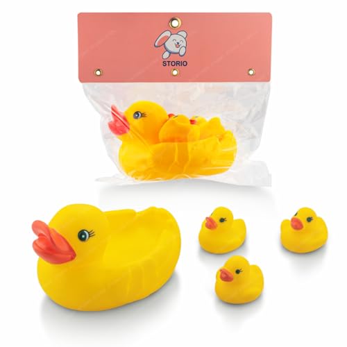 Storio Super Cute Duck Family Animals Swimming Water Toys Non-Toxic,BPA Free Colorful Soft Rubber Float Squeeze Sound Squeaky Bathing Toy for Baby Chu Chu Toy Set of 4 (1 Duck + 3 Ducklings)