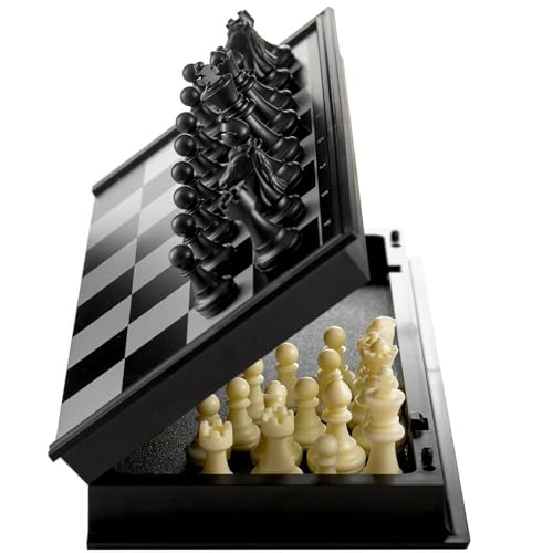 Storio Magnetic Chessboard Game Set with Folding Travel Portable Case Chess Board Set with Folding Chess Board 2 Players Travel Toys for Kids and Adults (Black)