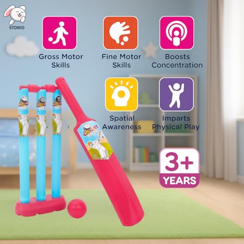 Storio Junior Cricket Set for Kids 2+ Years | Bat, Ball, Stumps, Bails & Holder | Plastic 20-20 Cricket Kit Toy for Boys & Girls | Birthday Gift | Red & Blue
