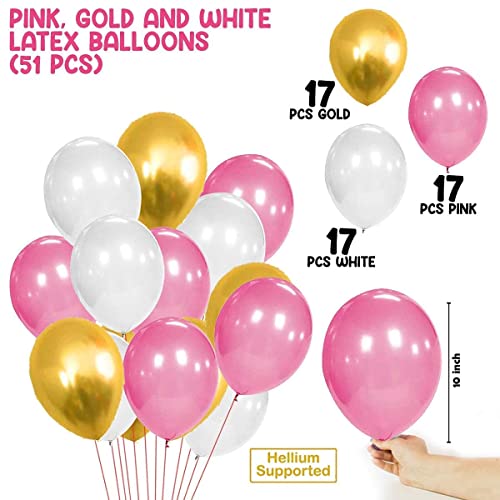 Storio 51 Pcs Pack of Pink Golden and White Metallic Balloons | Perfect for Girls, Kids, Women, Birthday Baby Shower Unicorn Princess 1st & 2nd Year Celebrations - Decorations Balloons Supplies Combo
