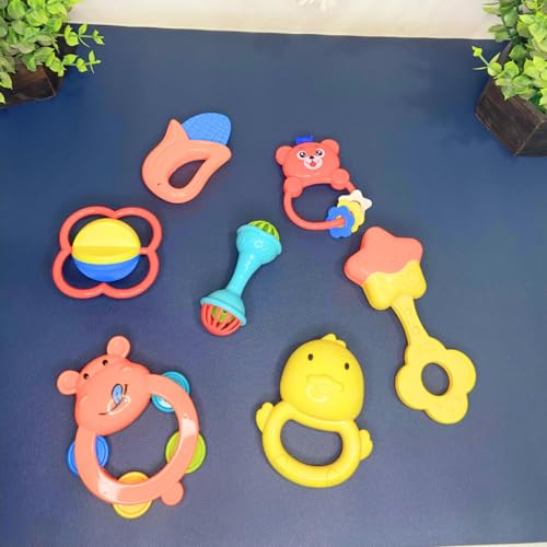 Storio Baby Toys Safari 7 Pcs Rattle Set with Teathers for New Born Baby Gifts, Toy for Babies, Non-Toxic - Safari