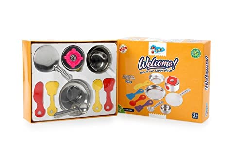 Storio Welcome Kitchen Set - 10 Pieces Cute Mini Toy Kitchen Stainless Steel Utensils Non Toxic Indian Kitchen Set for Girls Age 3 Years Plus no Sharp Edges