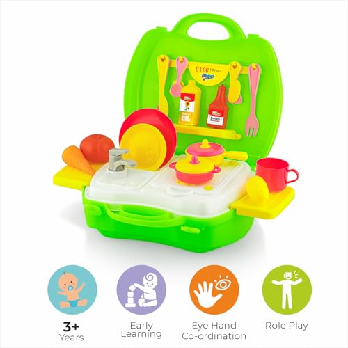 Storio Toys Kitchen Set for Girls Toy with Cooking Utensils Combo Items in Suitcase| Easy to Carry |Realistic Miniature Chefs Pretend Play/Role Play Home Game - Green