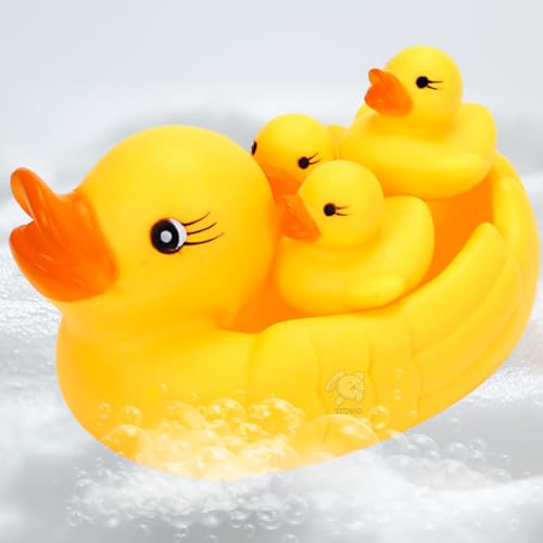 Storio Super Cute Duck Family Animals Swimming Water Toys Non-Toxic,BPA Free Colorful Soft Rubber Float Squeeze Sound Squeaky Bathing Toy for Baby Chu Chu Toy Set of 4 (1 Duck + 3 Ducklings)