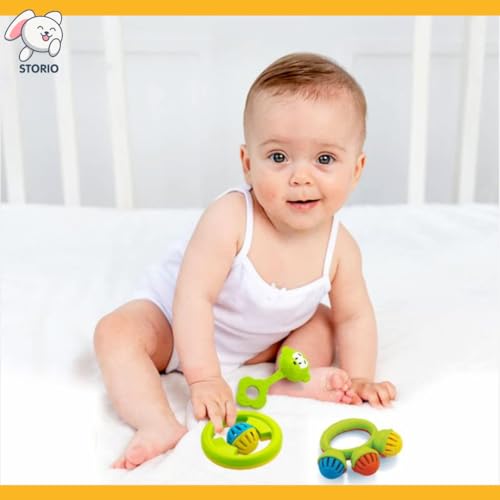 Storio New Born Gift Set Black and White Flash Cards for Babies & Infants with Super Cute Rattles Set of 3 | High Contrast | Visual Stimulation & Sensory Development for 0 to 12 Months, 48 Pictures