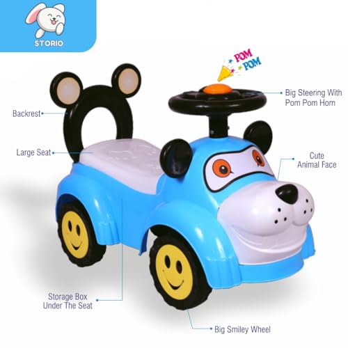 Storio Swing Ride on & Car for Kids with Music & Horn Steering, Push Car for Baby with Backrest, Safety Guard, Under Seat Storage & Big Wheels, Ride on for Kids 0 1 to 3 Years - Blue