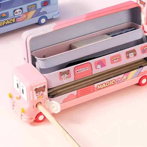 Storio Bus Shape Pencil Box School Bus Metal Geometry Box for Kids Magic Bus with Moving Tyres with 3 Compartments Moving Tyre's & Sharpener Geometry Case for Boys & Girls - Unicorn