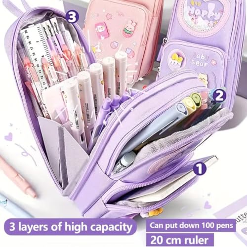 Storio Premium Pencil Case 6 Layer with 3 Compartment Cute Aesthetic Pencil Case for Girls Large Capacity Pencil Pouch Multifunctional Pouch for School Kids Cute Stationary Gift - Purple