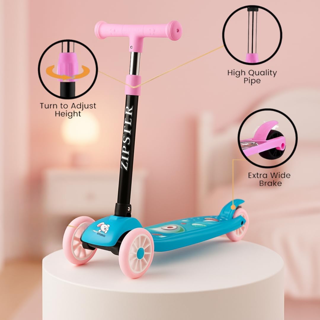 Storio Zipster Foldable Kick Scooter for Kids | Skating Cycle Style Scooter with Adjustable Handle & Foldable Design | Lightweight Ride-On Toy for Boys & Girls - Pink & Blue