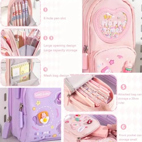 Storio Premium Pencil Case 6 Layer with 3 Compartment Cute Aesthetic Pencil Case for Girls Large Capacity Pencil Pouch Multifunctional Pouch for School Kids Cute Stationary Gift - Pink