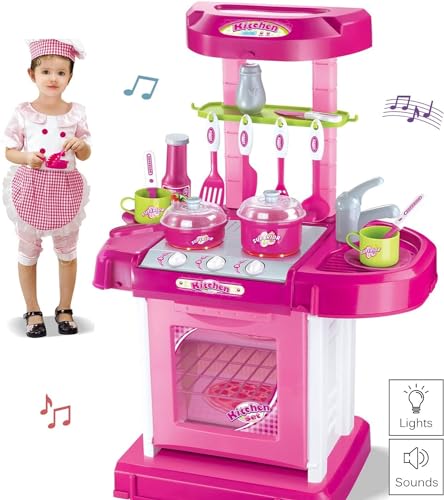 Storio Toys Kitchen Set for Kids Girls Big Cooking Set Light and Sound Pretend Play Toy Battery Operated with Accessories