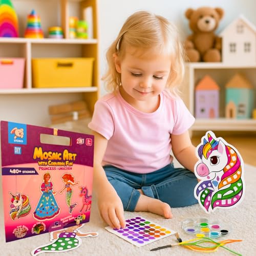 Storio Mosaic Art & Craft Kit for Kids with Colouring Fun | Mirror Mosaic DIY Set with Unicorn & Princess Theme | Creative Craft Activity for Girls Age 4-8 | Mess-Free, Fun & Educational Gift