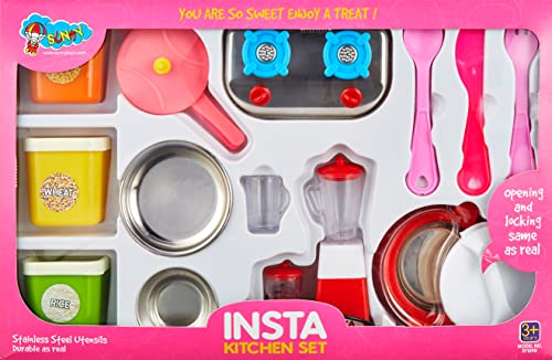 Insta kitchenset Kitchenware Set Toy Non Toxic Plastic and Stainless Steel Cooking Accessories for Girls Age 3 Years Plus