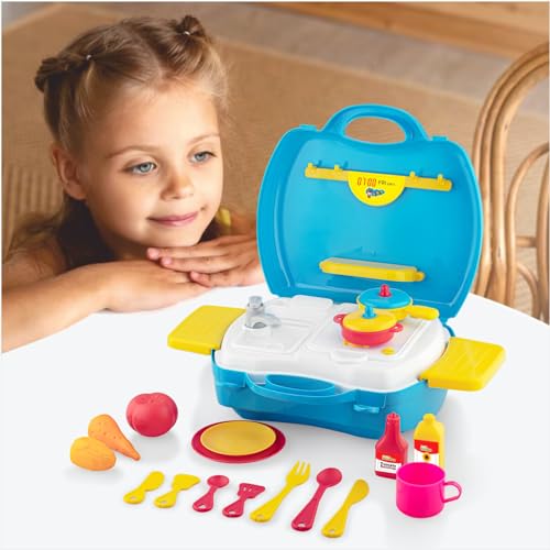 Storio Toys Kitchen Set for Girls Toy with Cooking Utensils Combo Items in Suitcase| Easy to Carry |Realistic Miniature Chefs Pretend Play/Role Play Home Game - Yellow