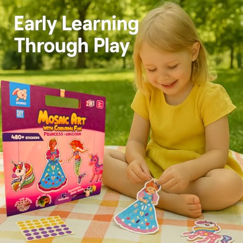 Storio Mosaic Art & Craft Kit for Kids with Colouring Fun | Mirror Mosaic DIY Set with Unicorn & Princess Theme | Creative Craft Activity for Girls Age 4-8 | Mess-Free, Fun & Educational Gift
