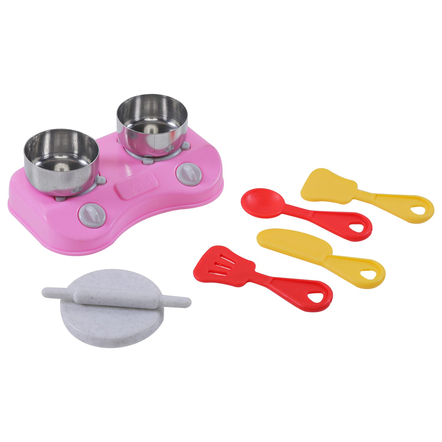 Storio Tasty- Kitchen Set with Unbreakable Stand Safe and Non Toxic Plastic Along with Pure Stainless Steel Cooking Accessories for Girls Age 3 Years Plus 6 PCS