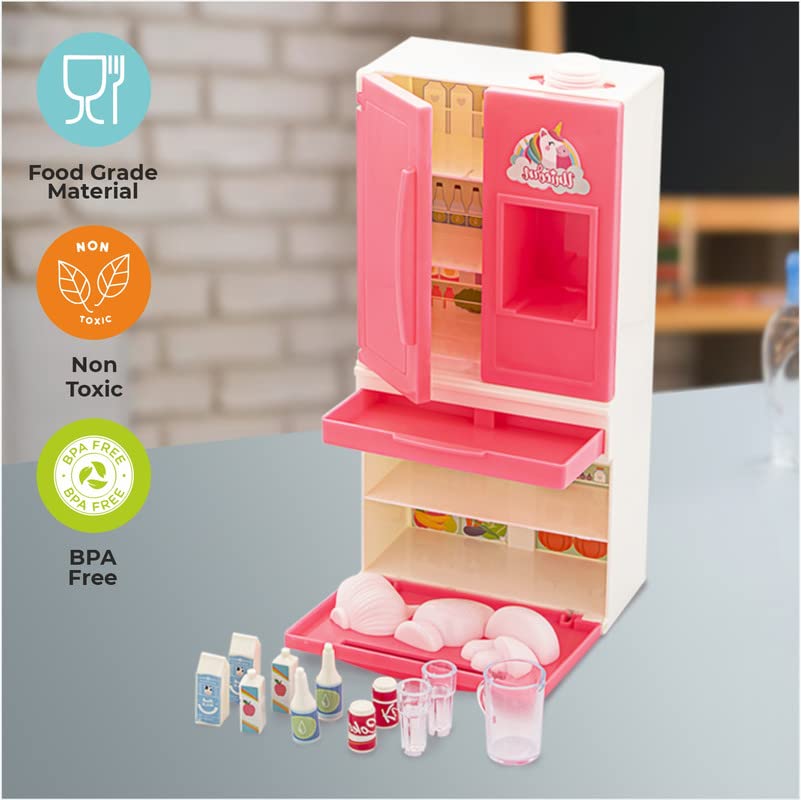 Storio Unicorn Pink Fridge Kitchen Set Toys Pretend Play Toy Set with Multiple Accessories & Realistic Water Dispenser for Kids Girls | Best Birthday Gift for Kids Children