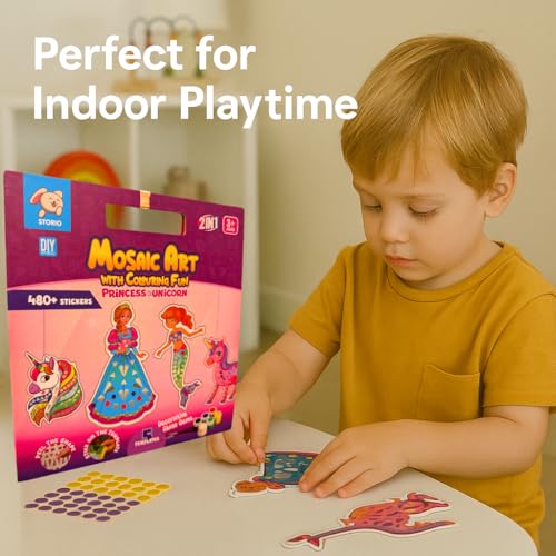 Storio Mosaic Art & Craft Kit for Kids with Colouring Fun | Mirror Mosaic DIY Set with Unicorn & Princess Theme | Creative Craft Activity for Girls Age 4-8 | Mess-Free, Fun & Educational Gift