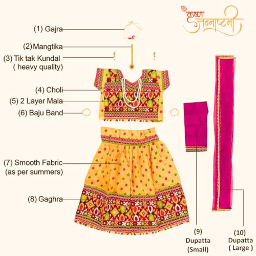 Storio Little Radha Dress Set with Lehenga, Choli, Dupatta, Gajra, Mang Tika, and Kan Kundal, Brocade Fabric Janmashtami Mythological Character Costume, Traditional Fancy Dress