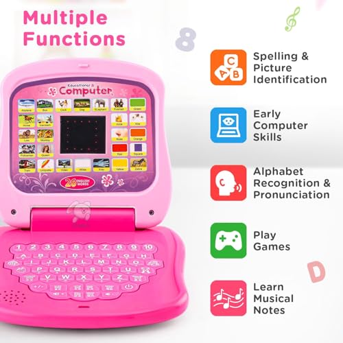 Storio Toys Educational Learning Laptop Toy with LED Display & Music Effect|Educational Toy Preschool Learning for Babies,Girls,Boys & Toddlers|Power Source: 3xAA Battery (Not Included)-Pink,Multi