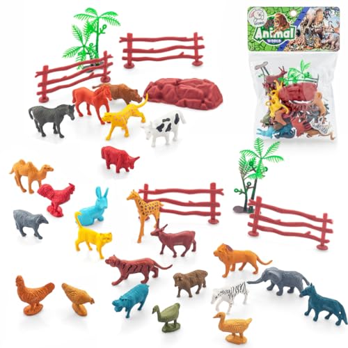 Storio 31pcs Animal Figure Toy Set Includes Farm and Jungle Animal P