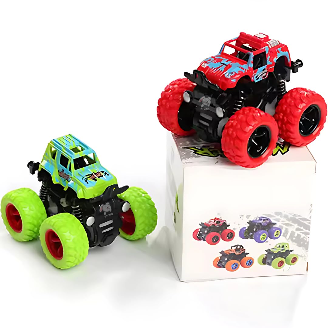 Storio Pack of 2 4x4 Friction Powered Mini Monster Trucks for Boys 3-7 Years | Durable Alloy & Non-Toxic Plastic Car Toys | Educational Toy Vehicles with Non-Slip Tires | Gift for Kids