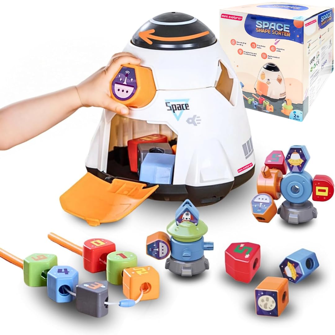 MiniExplorer Premium Montessori Spaceship Toy for Toddlers | Color and Shape Sorting, Stacking & Building Blocks, Lacing Beads Set for Preschool|Gift for 2+ Year Old Boys and Girls, 1 Piece