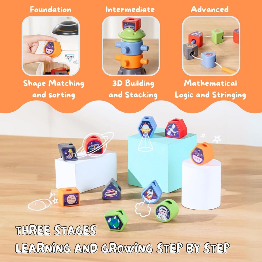 MiniExplorer Premium Montessori Spaceship Toy for Toddlers | Color and Shape Sorting, Stacking & Building Blocks, Lacing Beads Set for Preschool|Gift for 2+ Year Old Boys and Girls, 1 Piece