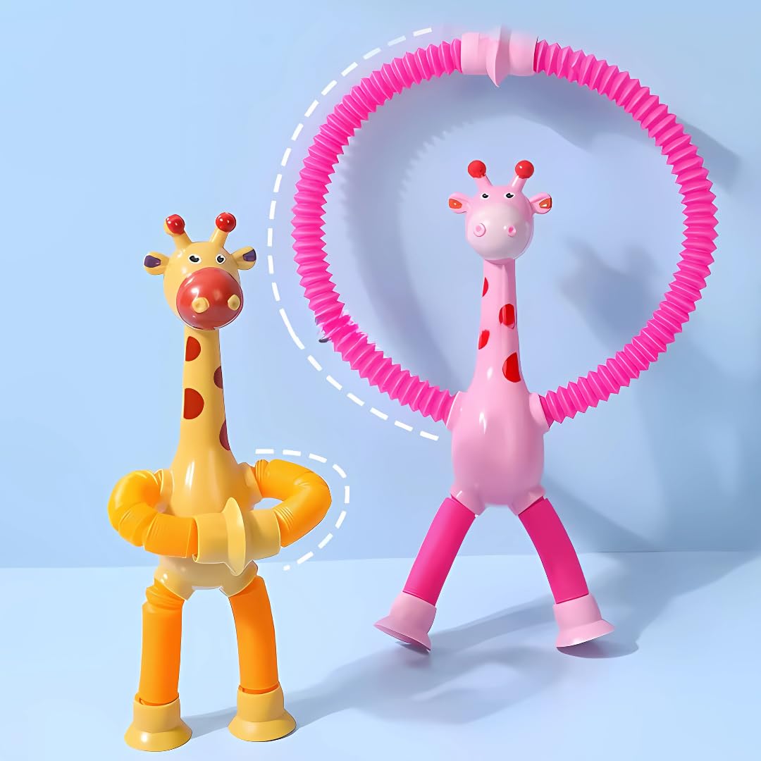 Toysbuddy Pack of 2 Telescopic Suction Cup Pop Tube Toy for Kids | Pull String Travel Toy for Toddlers & Babies | Light-Up Robot Tube for Boys & Girls | Unique Sensory Gift for Flights & Cars