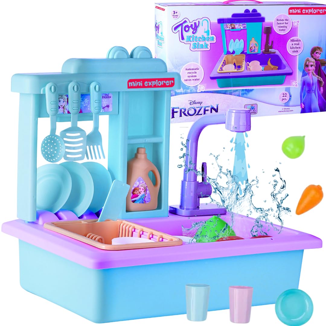 MiniExplorer Frozen Sisters Pretend Play Kitchen Set for Girls Toy Sink Electronic Dishwasher Pretend Role Play Kitchen Toys Set with Working Faucet - Frozen Sisters