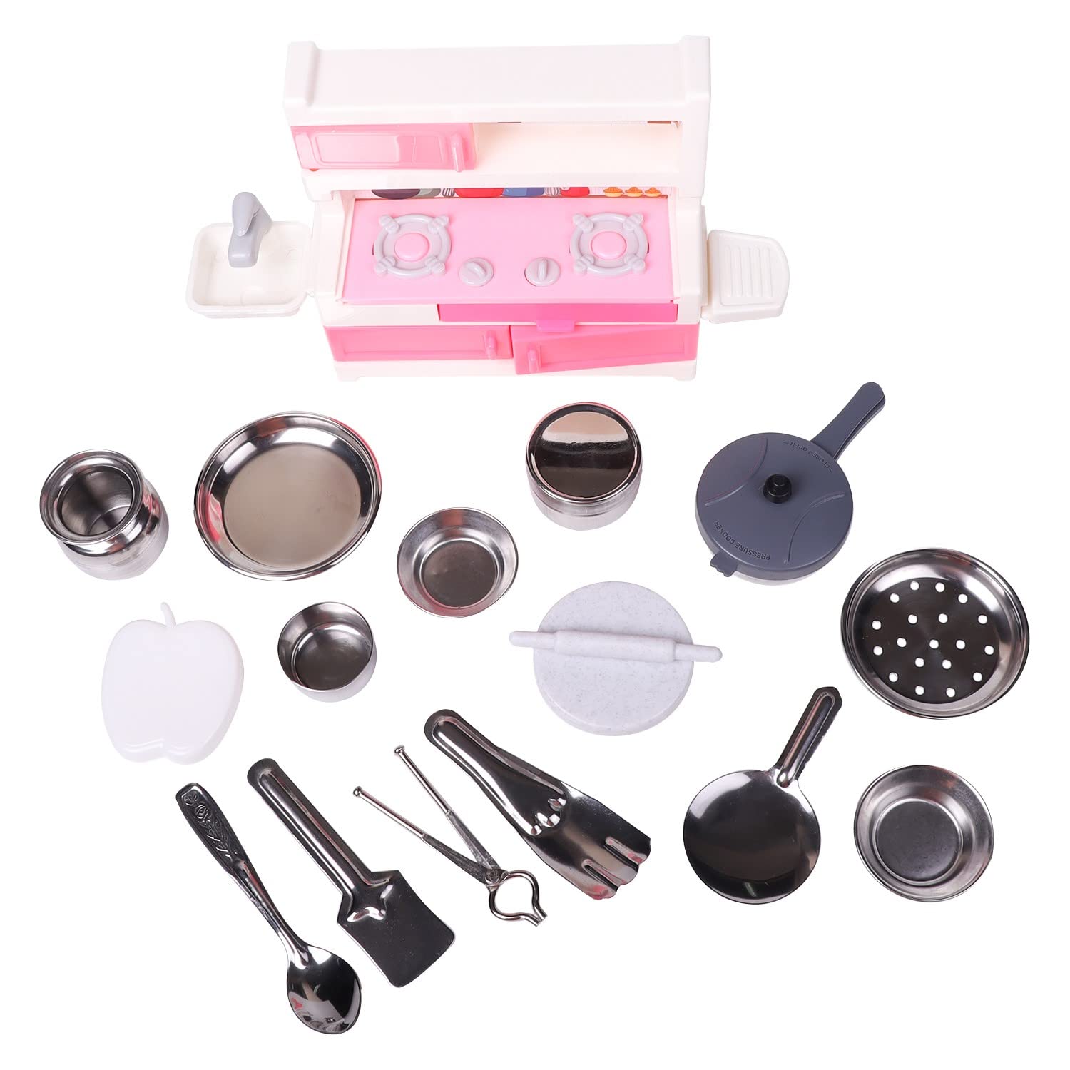 Storio Green House Kitchenware Set Non Toxic Plastic Along with Pure Stainless Steel Cooking Accessories for Girls Age 3 Years Plus