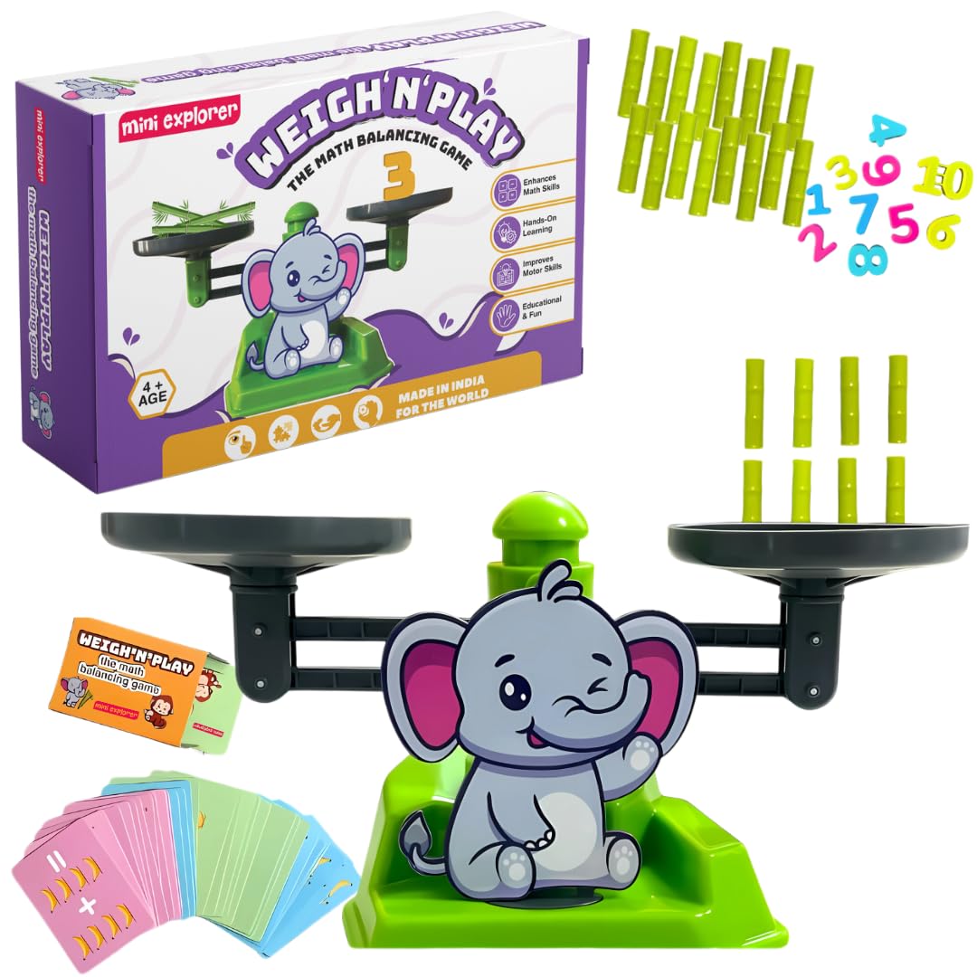MiniExplorer 2 in 1 Elephant and Sugarcane Balancing Toy for Kids with Educational Board Game Math Counting Number Learning Activity Toy Engaging Preschool Game Children's Gift for 3 4 5 6 7 8 Years