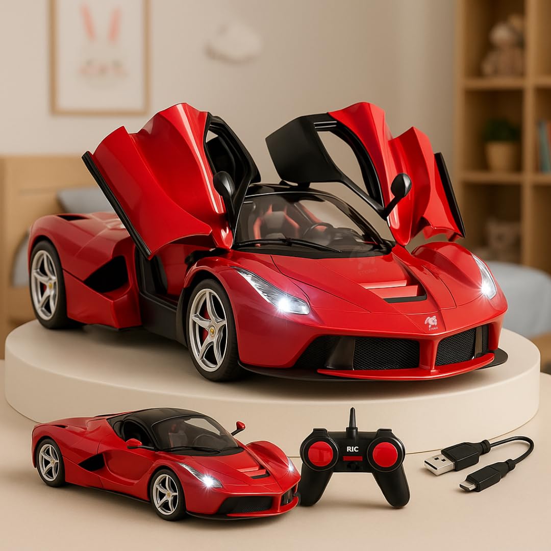 Storio Rechargeable RC Remote Control Racing Super Car | Openable Doors & LED Lights | High-Performance Speed Car Toy for Kids - Red