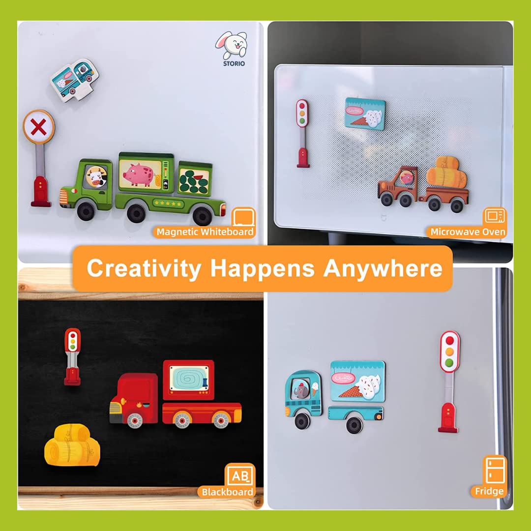 Storio Magnetic Box Series - Things That Go Vehicles Puzzles Toys With Reference Cards and Magnetic Board and Marker To Draw & Play Educational Toy for Kids 2 3 4 Years Boys Girls Montessori Gift Fun & Play for Baby (54 Magnet Pcs)