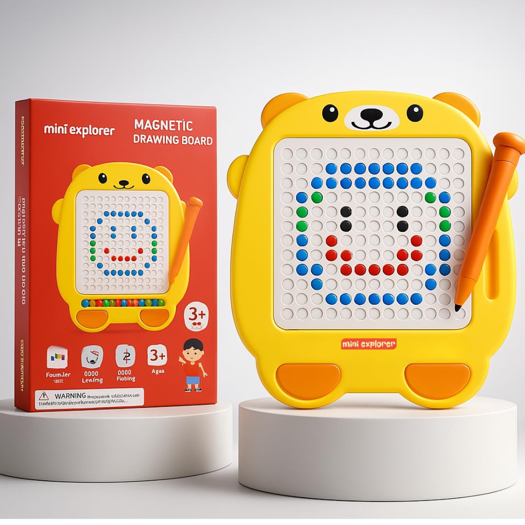 MiniExplorer Big Magnetic Slate Drawing Board for Kids|Doodle Board Magnetic Beads Pen Drawing Board Dot Art Educational Travel Toys for 2-8 Year Old Boys Girl - Yellow