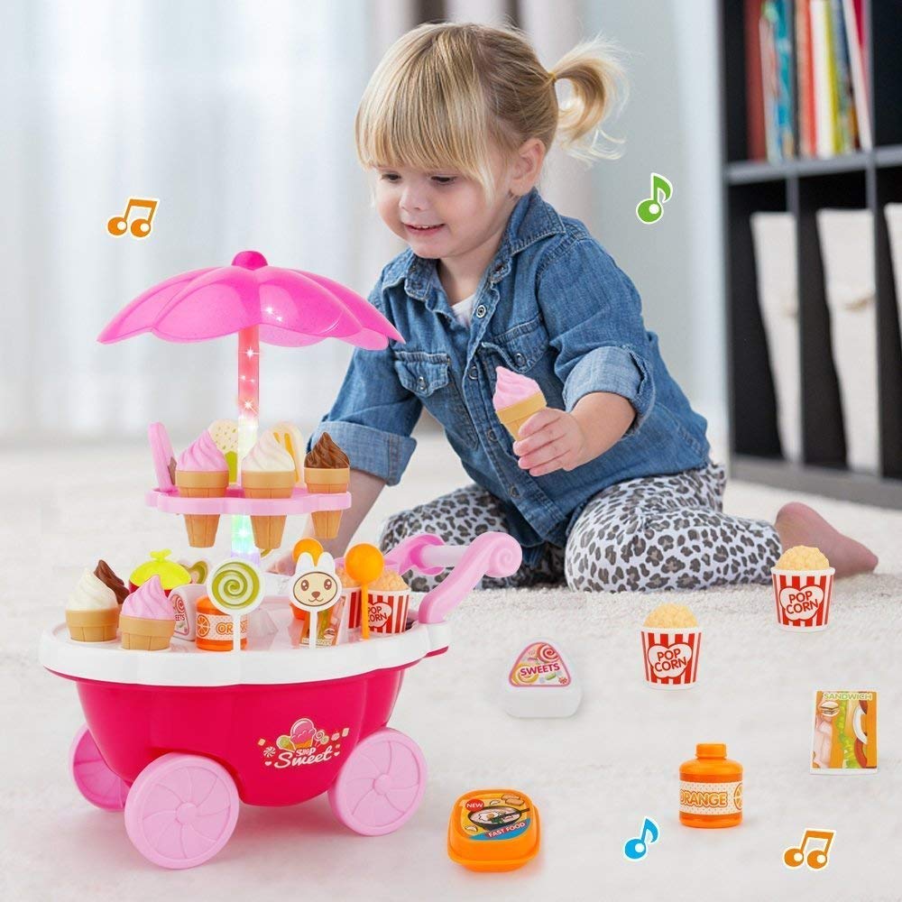 Storio Plastic Ice Cream Sweet Trolley Cart Pretend Play Set with Music and Lights Toys for Girls, Colour May Vary, 39 Accessories