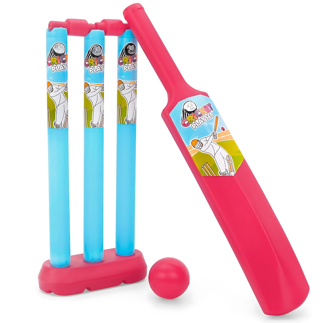 Storio Junior Cricket Set for Kids 2+ Years | Bat, Ball, Stumps, Bails & Holder | Plastic 20-20 Cricket Kit Toy for Boys & Girls | Birthday Gift | Red & Blue