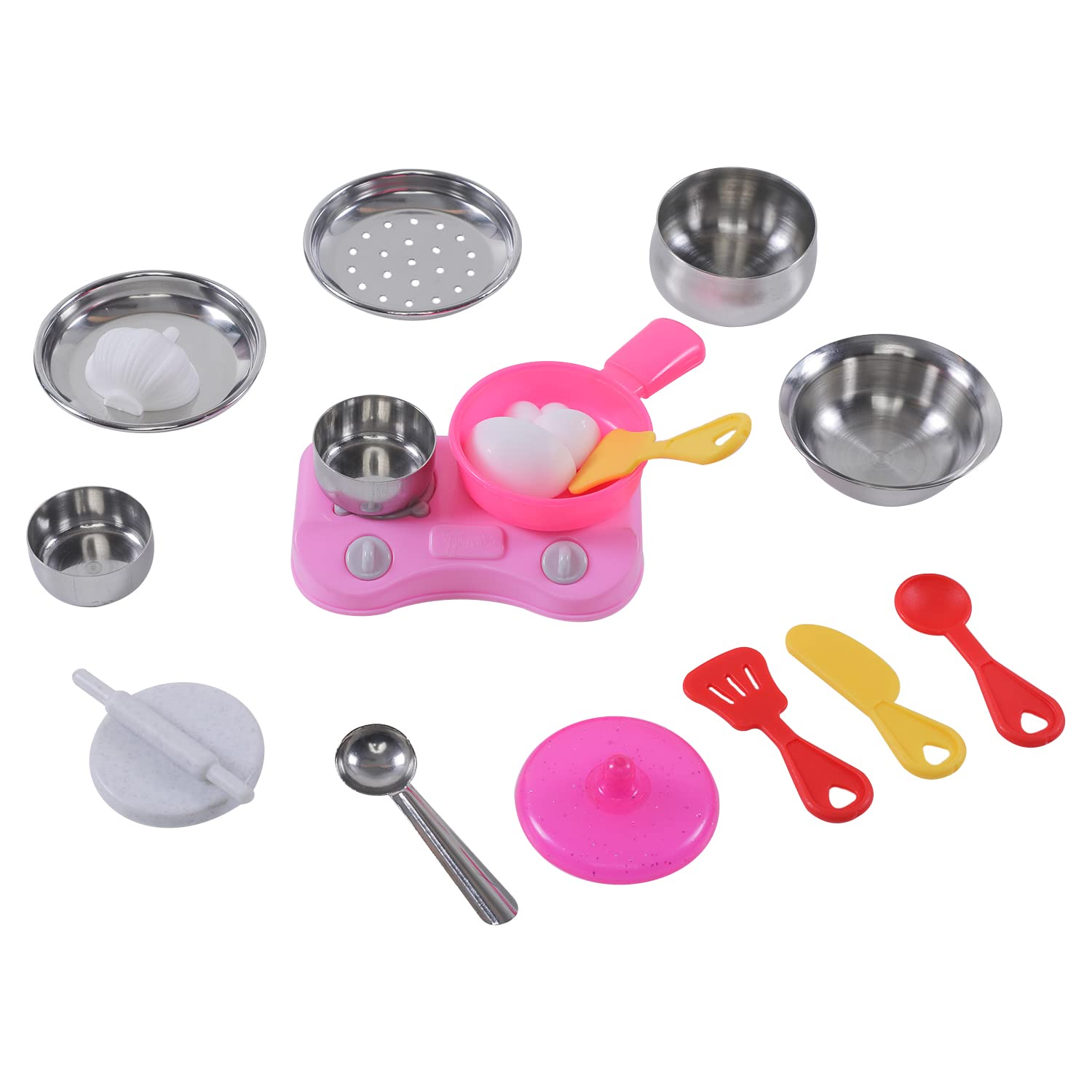 Storio Tasty- Kitchen Set with Unbreakable Stand Safe and Non Toxic Plastic Along with Pure Stainless Steel Cooking Accessories for Girls Age 3 Years Plus 6 PCS