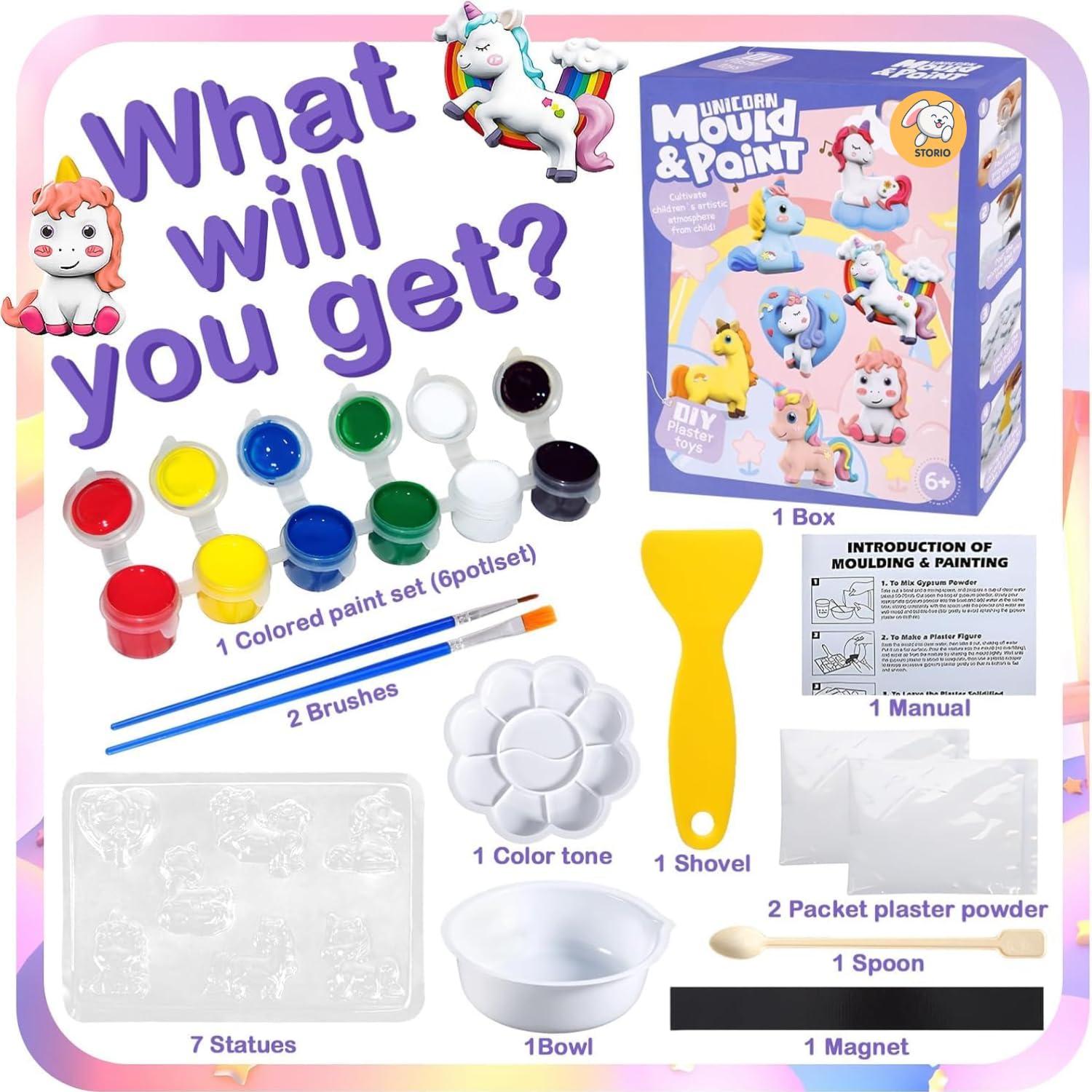 Storio Toys DIY Mould and Paint Craft kit - Unicorn | Kids DIY Craft For 3+ Years | Plaster Figurine Set with Pigments, Palette & Mold, Painting Art & Craft Set - Gift Toys for 3 4 5 6 7 8+ Year Old Boys & Girls