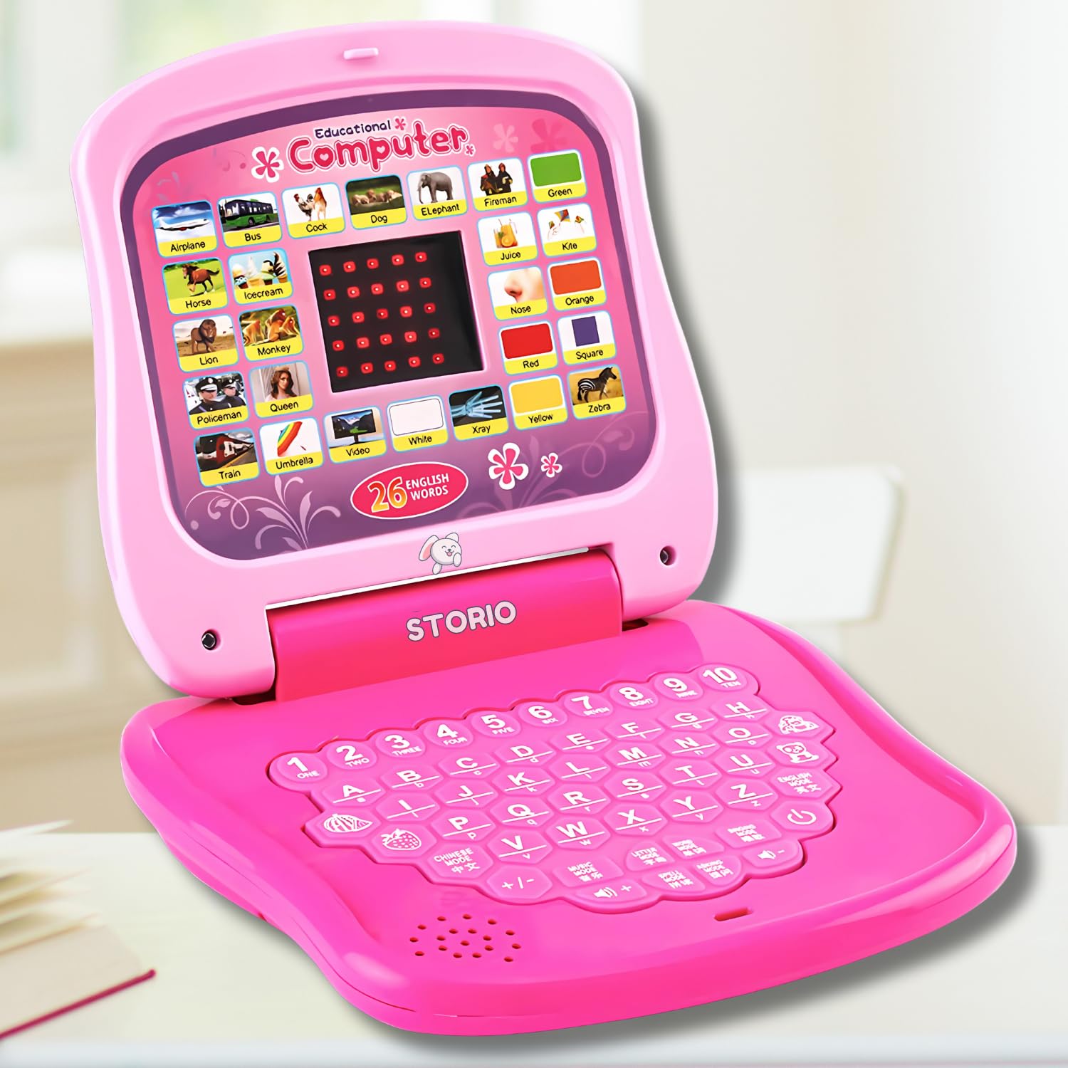 Storio Toys Educational Learning Laptop Toy with LED Display & Music Effect|Educational Toy Preschool Learning for Babies,Girls,Boys & Toddlers|Power Source: 3xAA Battery (Not Included)-Pink,Multi