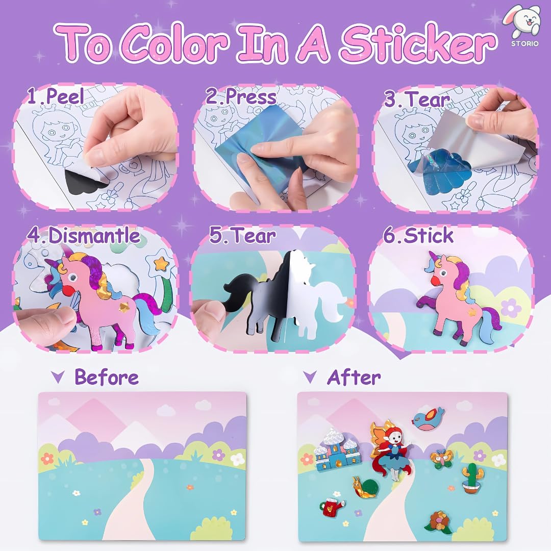 Storio DIY Art & Craft Activity Toys - Foil Art Dream Set with Unicorn & Princesses| Non Messy Creative Activity Supplies| Best Gifts for Girls & Boys Ages 4, 5, 6, 7, 8, 9| Toys for Travel