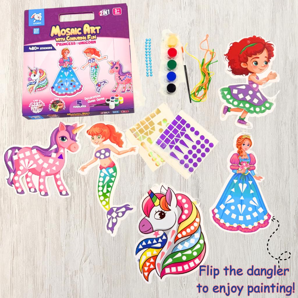 Storio Mosaic Art & Craft Kit for Kids with Colouring Fun | Mirror Mosaic DIY Set with Unicorn & Princess Theme | Creative Craft Activity for Girls Age 4-8 | Mess-Free, Fun & Educational Gift