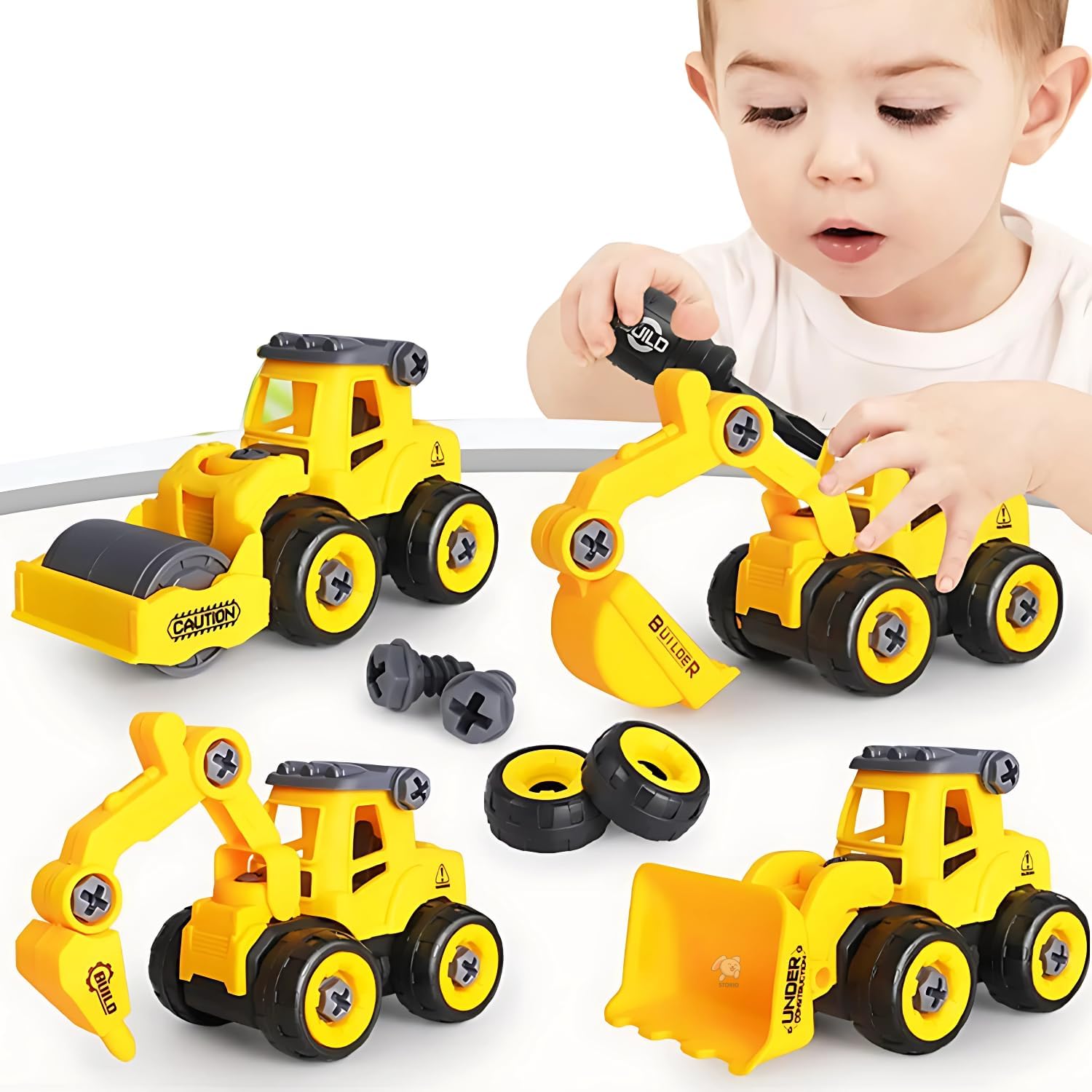 Storio Mechanical DIY Construction Engineering Car Toy Set of 4 | Kids STEM Sand Toys for Toddlers Age 3-5, Building Sandbox Toys Truck, Birthday Gifts for Boys 2 3 4 5 6 Year Old - Set of 4