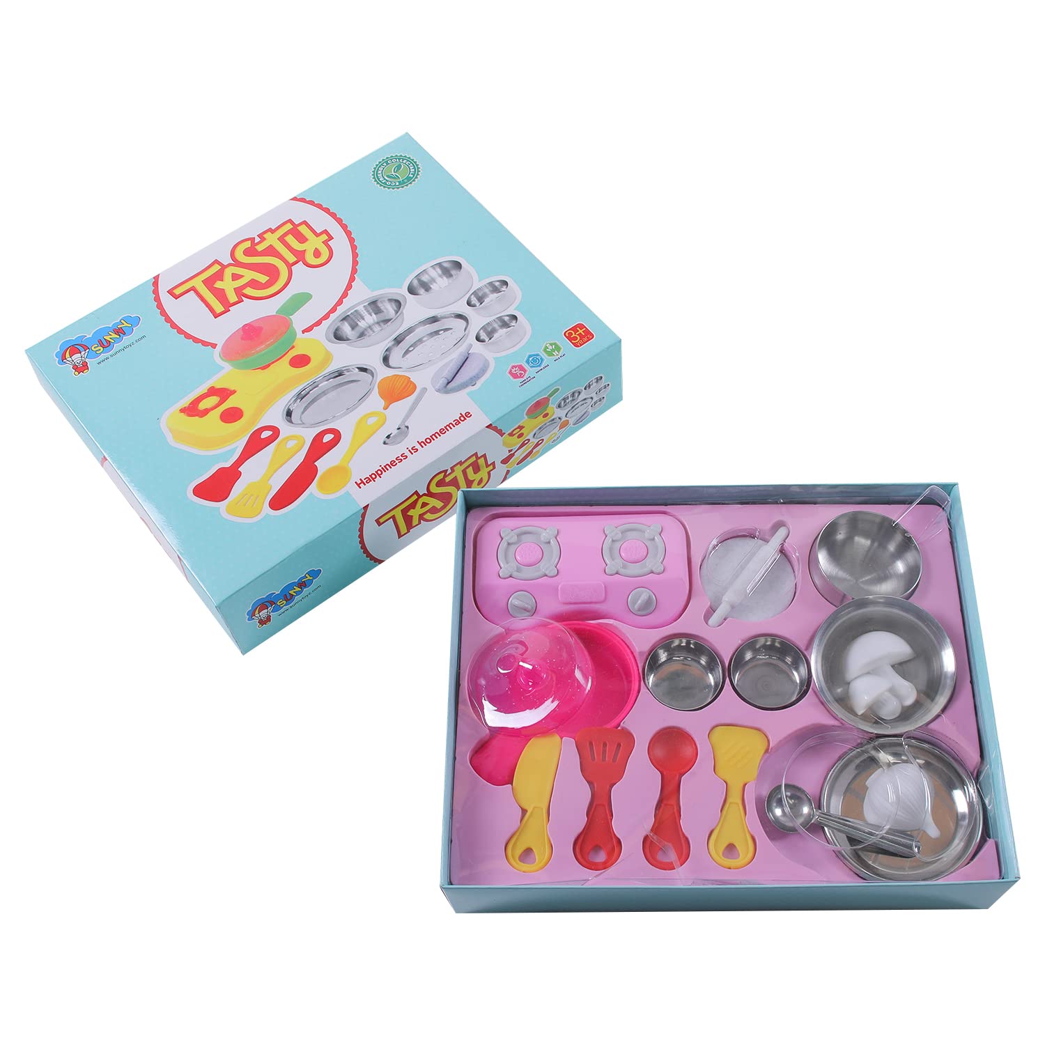 Storio Tasty- Kitchen Set with Unbreakable Stand Safe and Non Toxic Plastic Along with Pure Stainless Steel Cooking Accessories for Girls Age 3 Years Plus 6 PCS