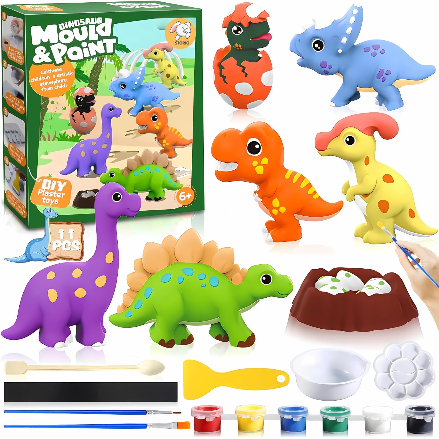 Storio Toys DIY Mould and Paint Craft kit - Dinosaurs | Kids DIY Craft For 5 Years | Plaster Figurine Set with Pigments, Palette & Mold, Painting Art & Craft Set -Gift Toys for 3 4 5 6 7 8 Year Old Boys & Girls