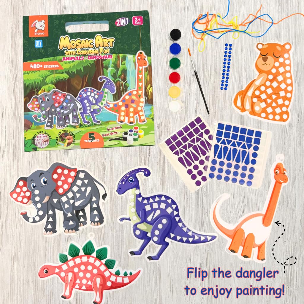 Storio Mosaic Art & Craft Kit for Kids with Colouring Fun | Mirror Mosaic DIY Set with Animals & Dinosaurs Theme | Creative Craft Activity for Girls Age 4-8 | Mess-Free, Fun & Educational Gift