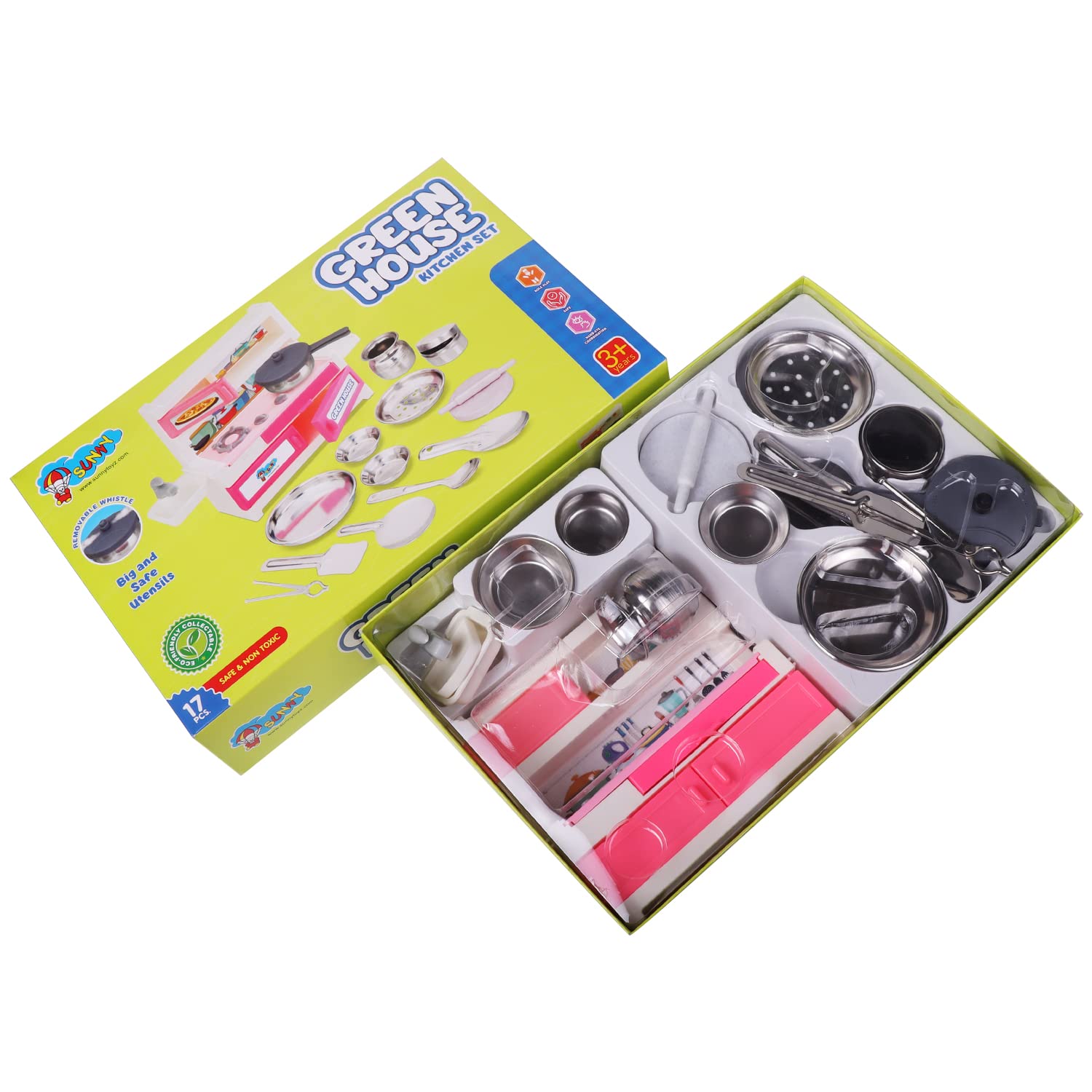 Storio Green House Kitchenware Set Non Toxic Plastic Along with Pure Stainless Steel Cooking Accessories for Girls Age 3 Years Plus