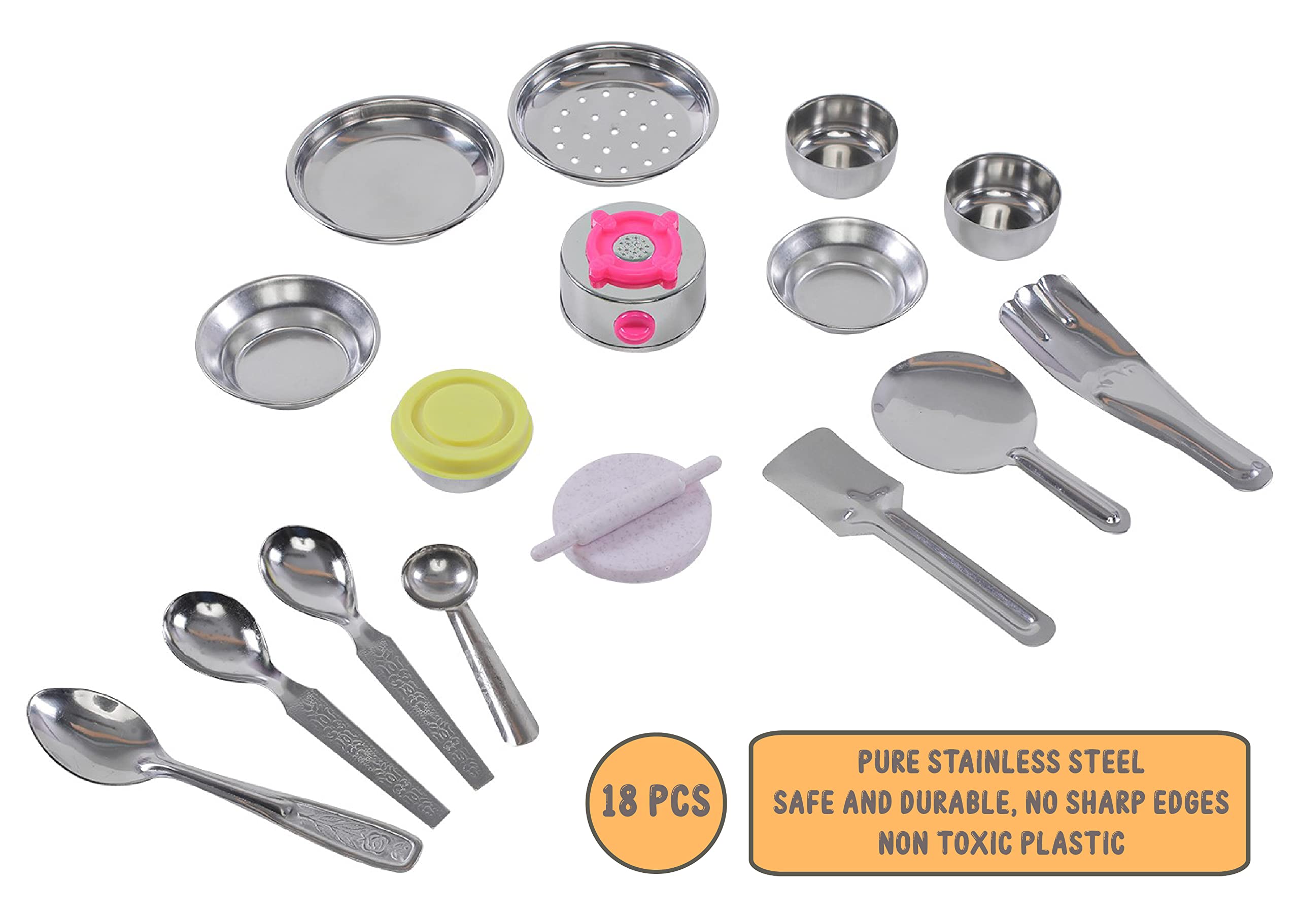Storio It's My Kitchenware Set Cute Mini Toy Kitchen Stainless Steel Utensils Non Toxic Indian Set for Girls Age 3 Years Plus no Sharp Edges 12 pcs