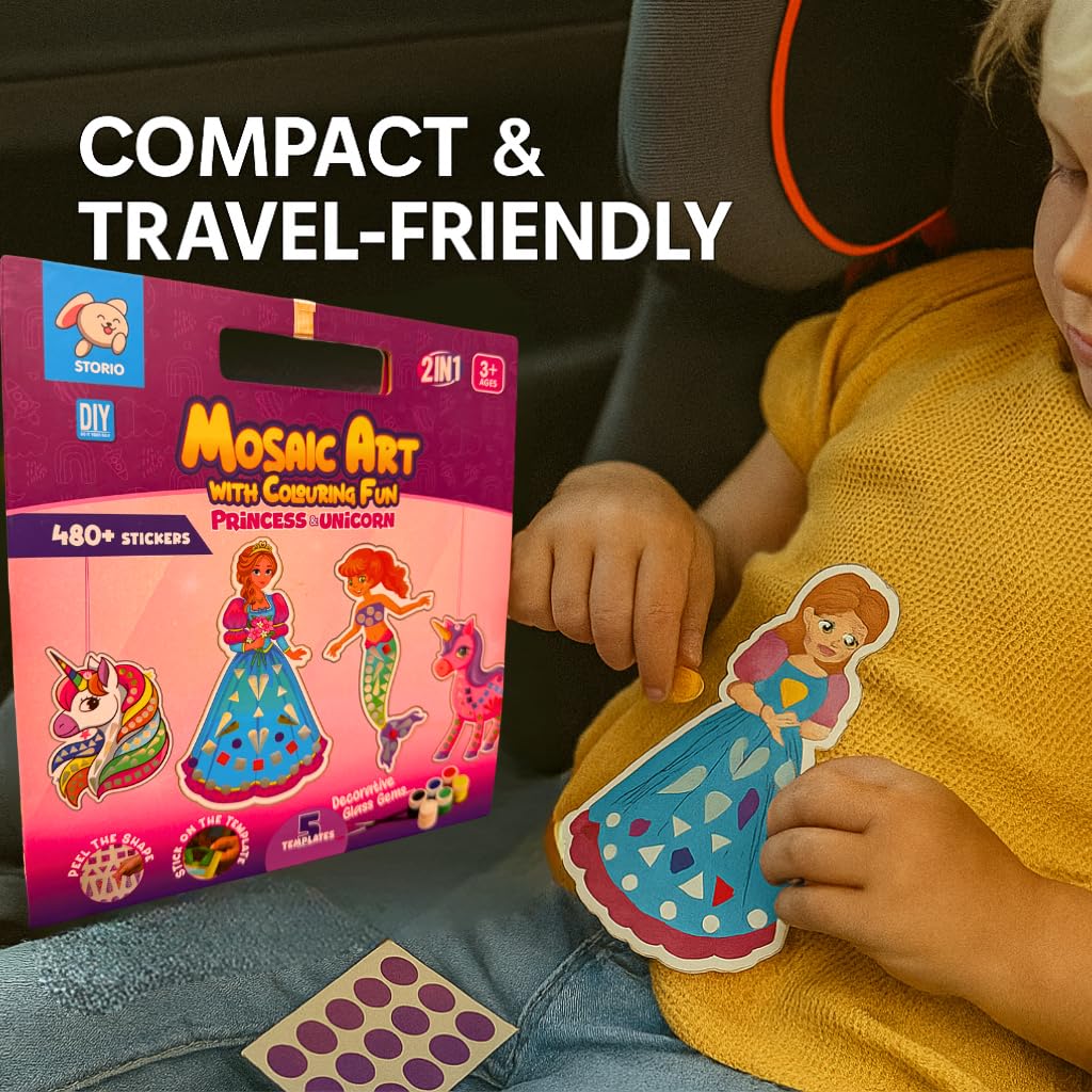 Storio Mosaic Art & Craft Kit for Kids with Colouring Fun | Mirror Mosaic DIY Set with Unicorn & Princess Theme | Creative Craft Activity for Girls Age 4-8 | Mess-Free, Fun & Educational Gift
